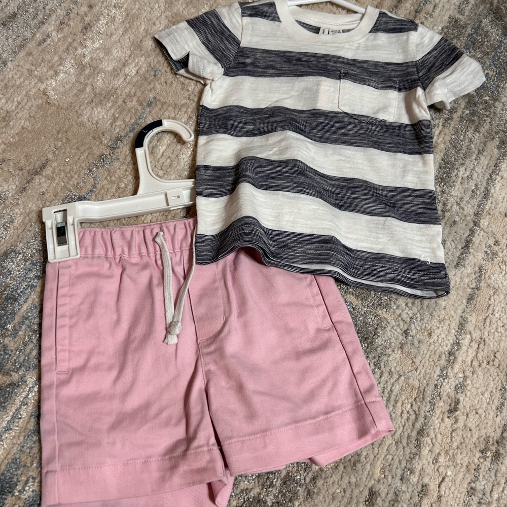 Janie and Jack Navy Striped Tee with Pink Shorts